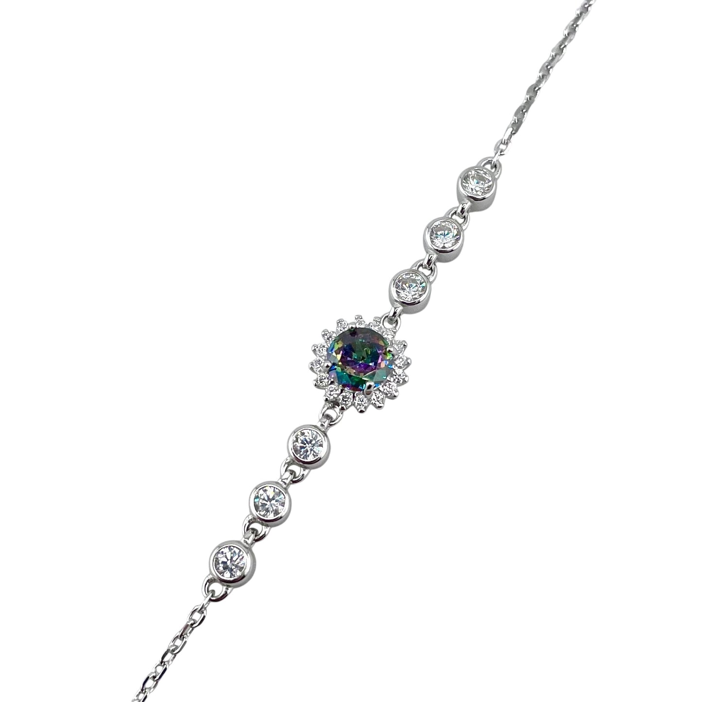 CZ Round Stone Link Bracelet Sterling Silver