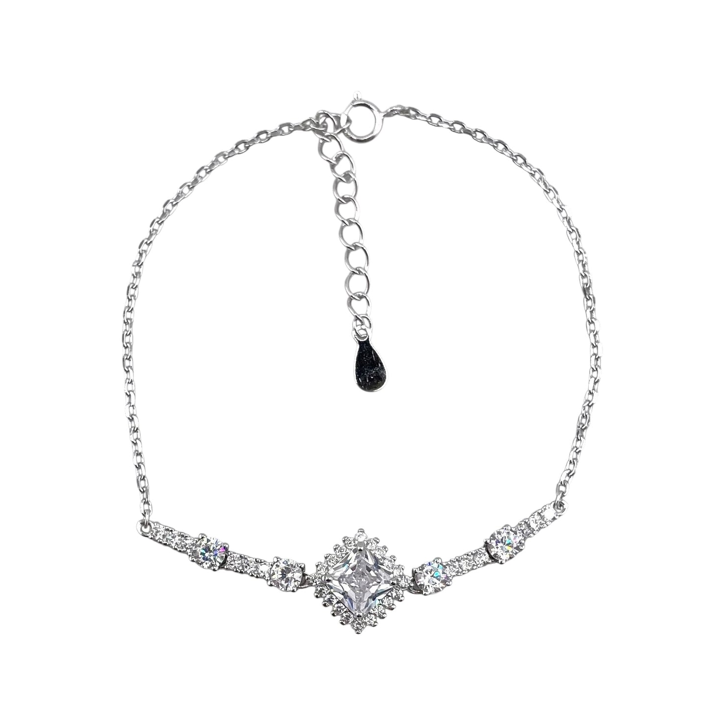 CZ Diamond Shape Stone Link Bracelet Sterling Silver