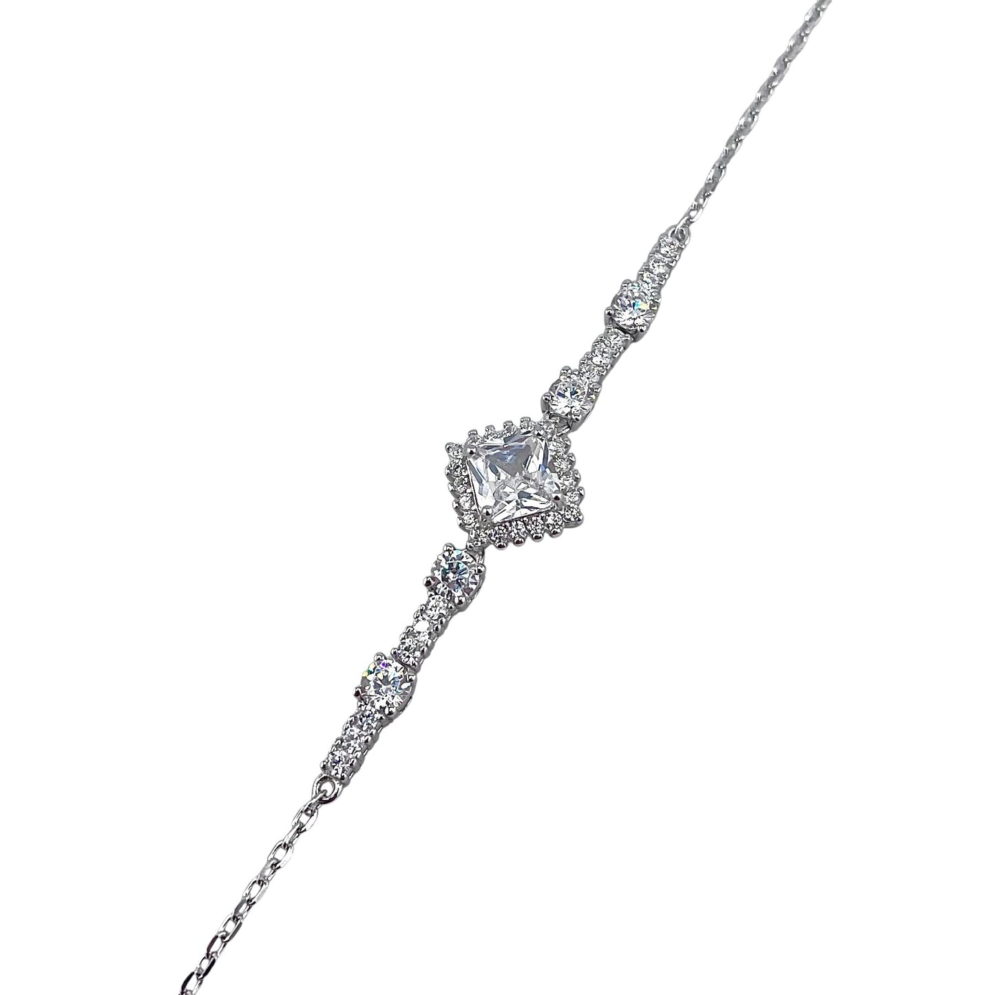 CZ Diamond Shape Stone Link Bracelet Sterling Silver