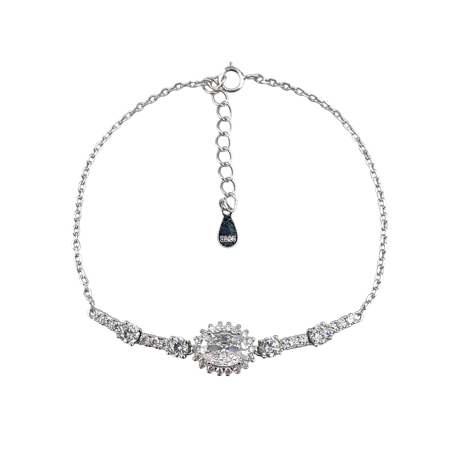 CZ Oval Stone Link Bracelet Sterling Silver