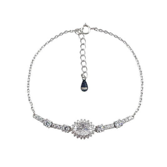 CZ Oval Stone Link Bracelet Sterling Silver