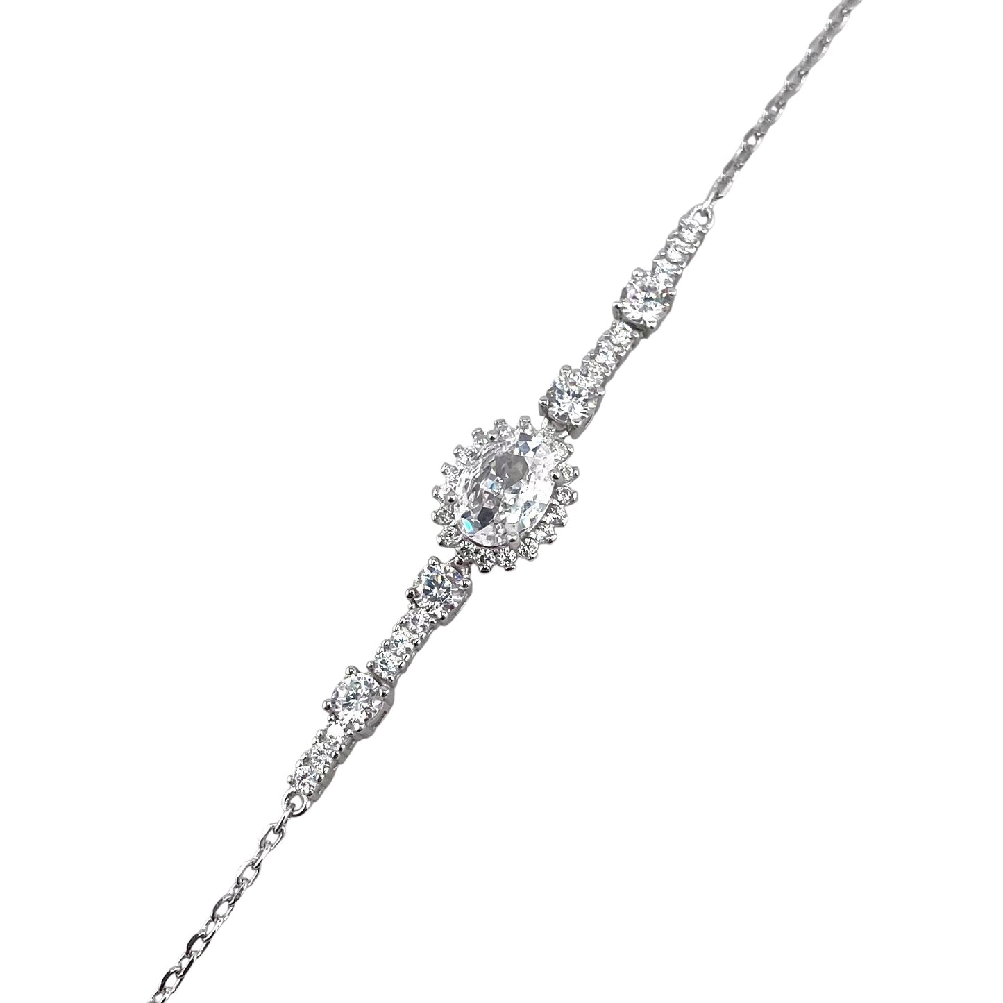CZ Oval Stone Link Bracelet Sterling Silver
