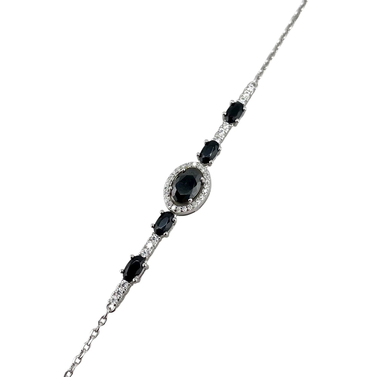 CZ White Oval Stone Link Bracelet Sterling Silver