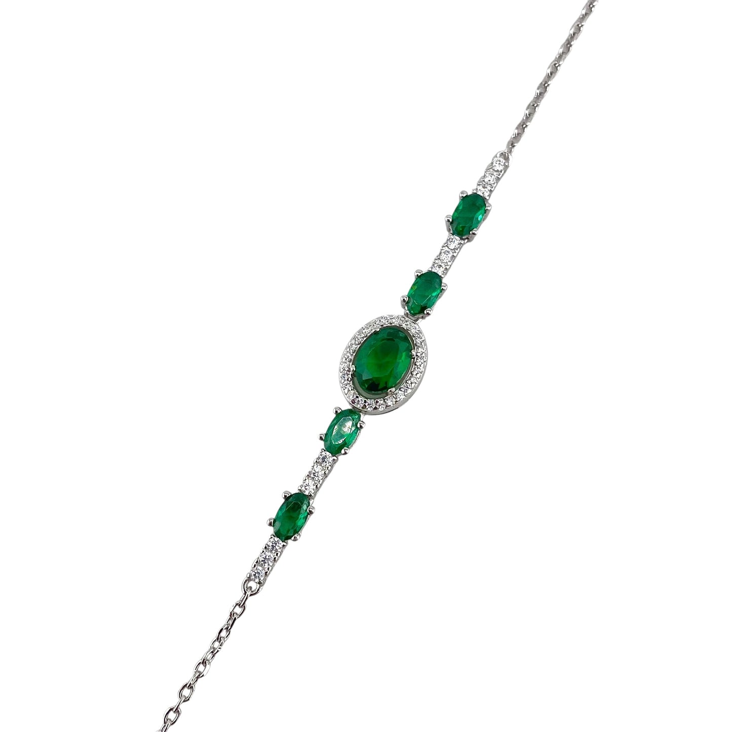 CZ White Oval Stone Link Bracelet Sterling Silver