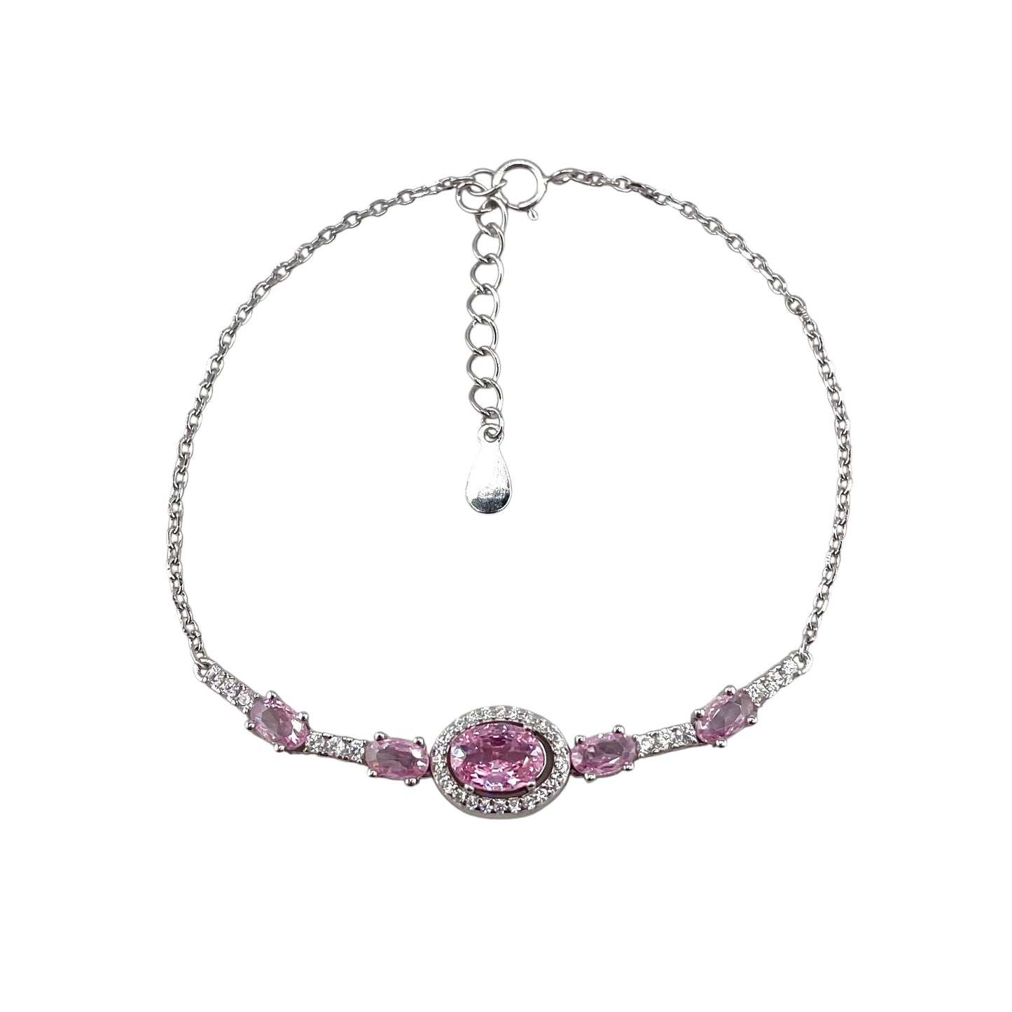 CZ White Oval Stone Link Bracelet Sterling Silver