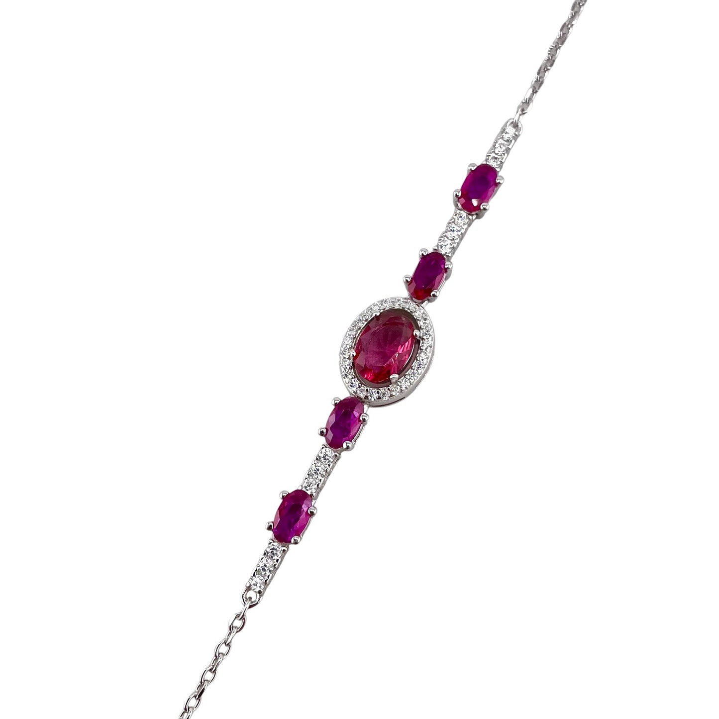 CZ White Oval Stone Link Bracelet Sterling Silver