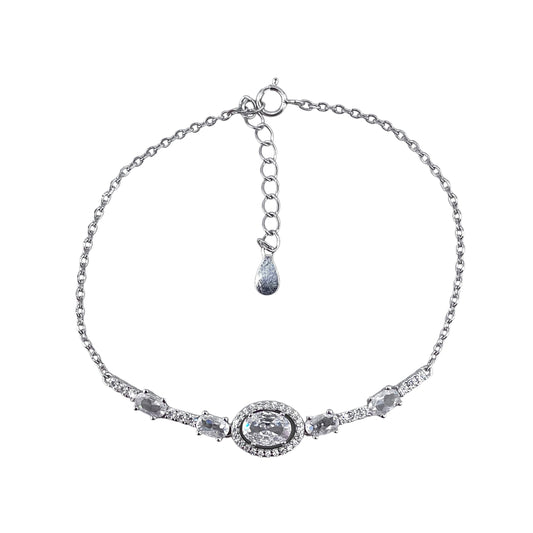 CZ White Oval Stone Link Bracelet Sterling Silver
