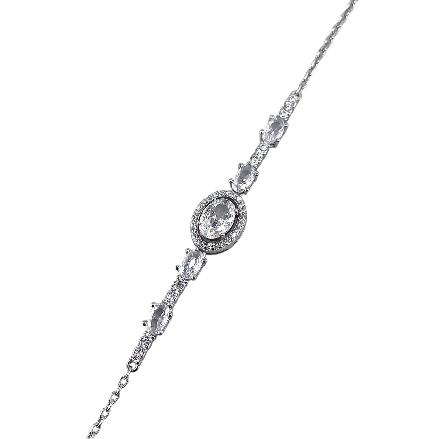 CZ White Oval Stone Link Bracelet Sterling Silver