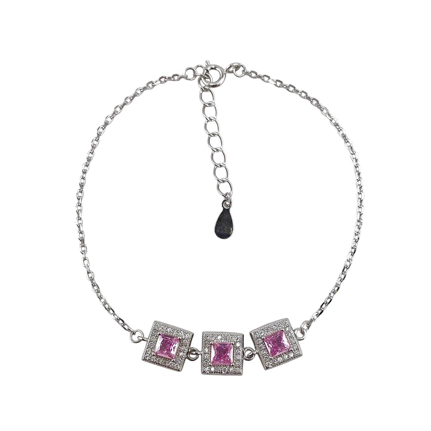 CZ Square Stone Link Bracelet Sterling Silver