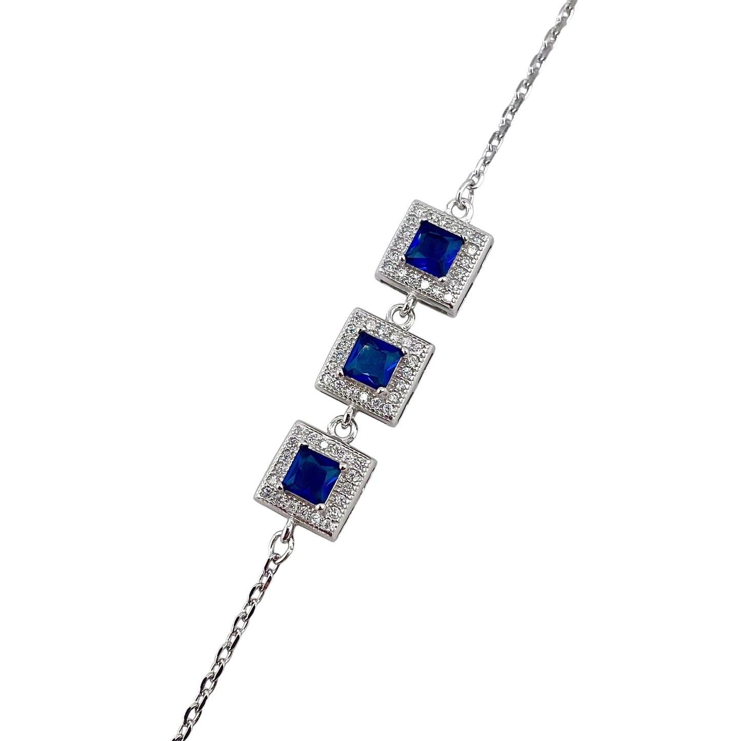 CZ Square Stone Link Bracelet Sterling Silver