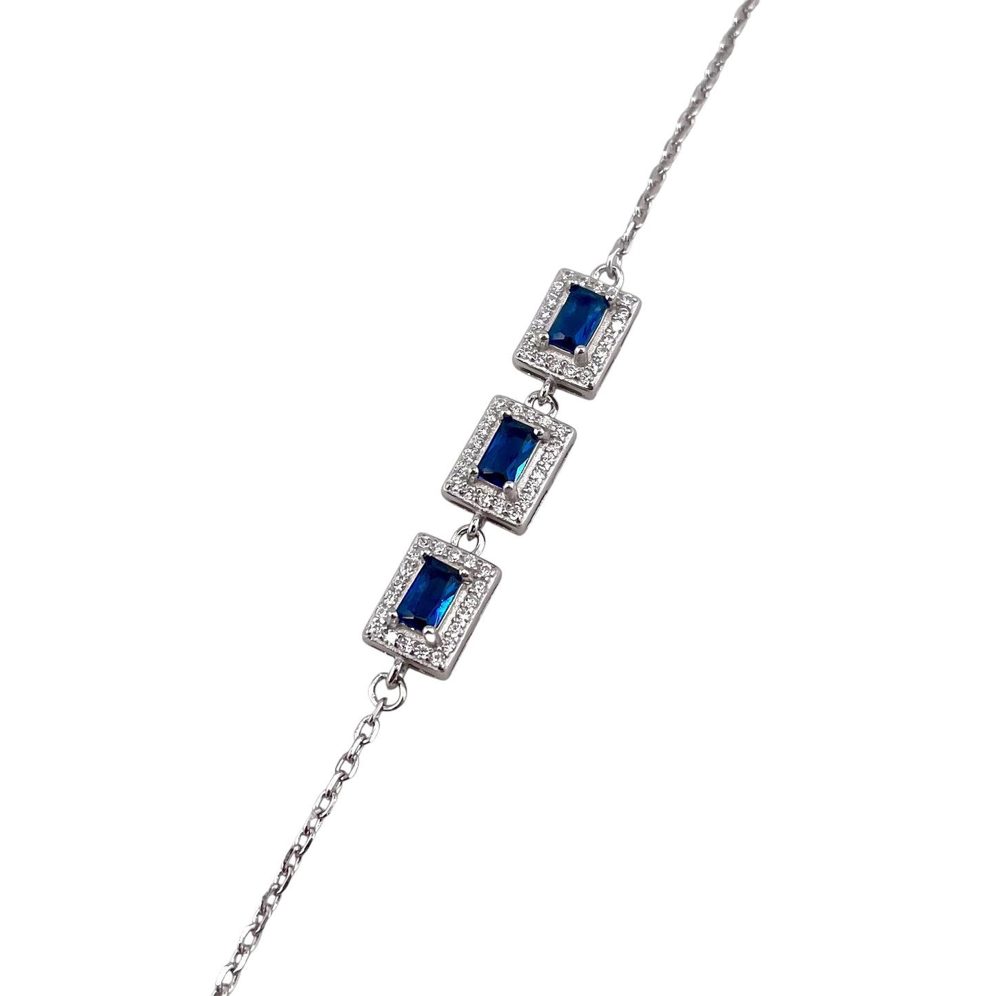 CZ Rectangle Stone Link Bracelet Sterling Silver