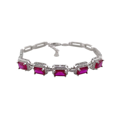 CZ Rectangle Stone Link Bracelet Sterling Silver