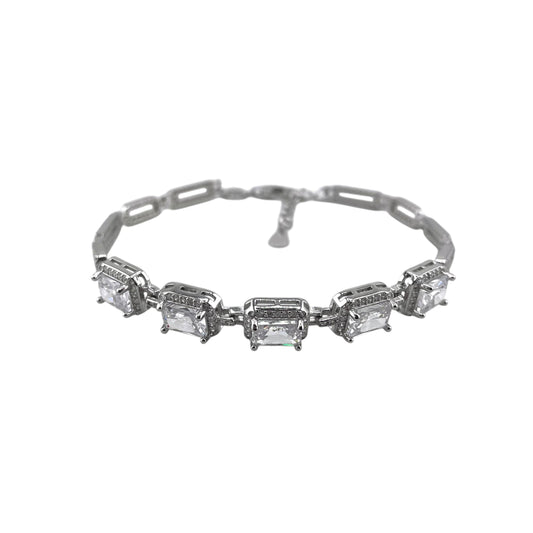 CZ Rectangle Stone Link Bracelet Sterling Silver