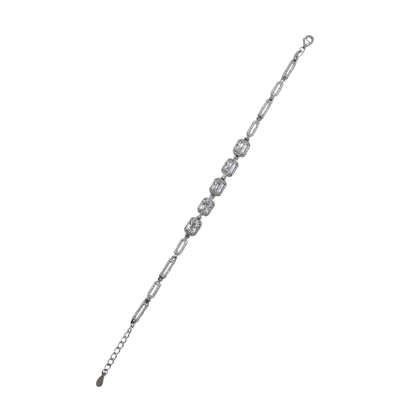 CZ Rectangle Stone Link Bracelet Sterling Silver