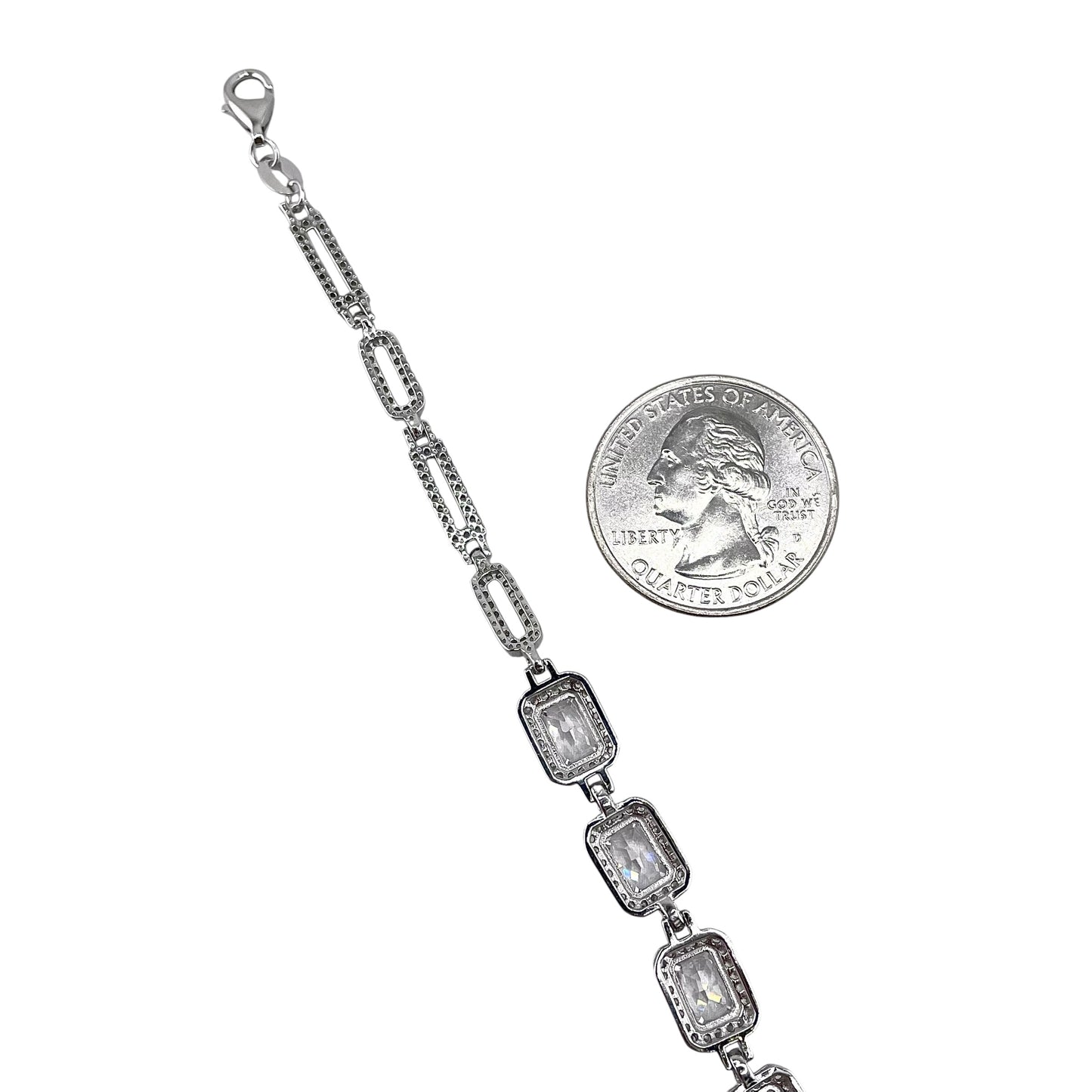 CZ Rectangle Stone Link Bracelet Sterling Silver