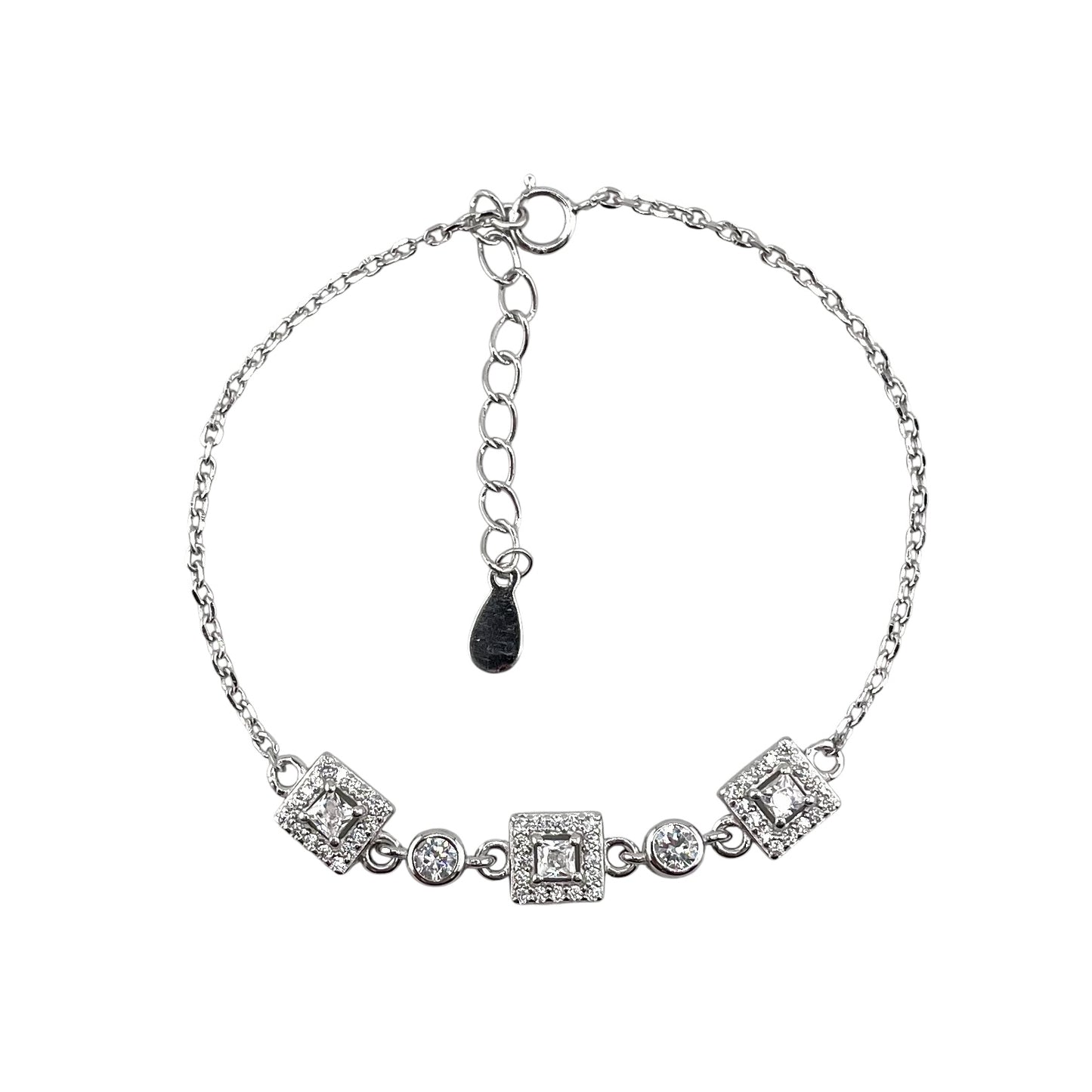 CZ Square Circle Stone Link Bracelet Sterling Silver