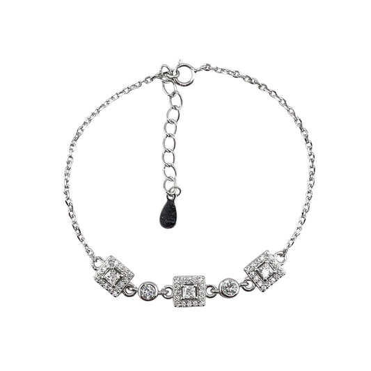 CZ Square Circle Stone Link Bracelet Sterling Silver