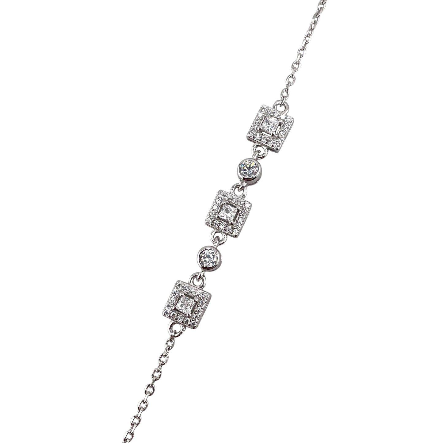 CZ Square Circle Stone Link Bracelet Sterling Silver