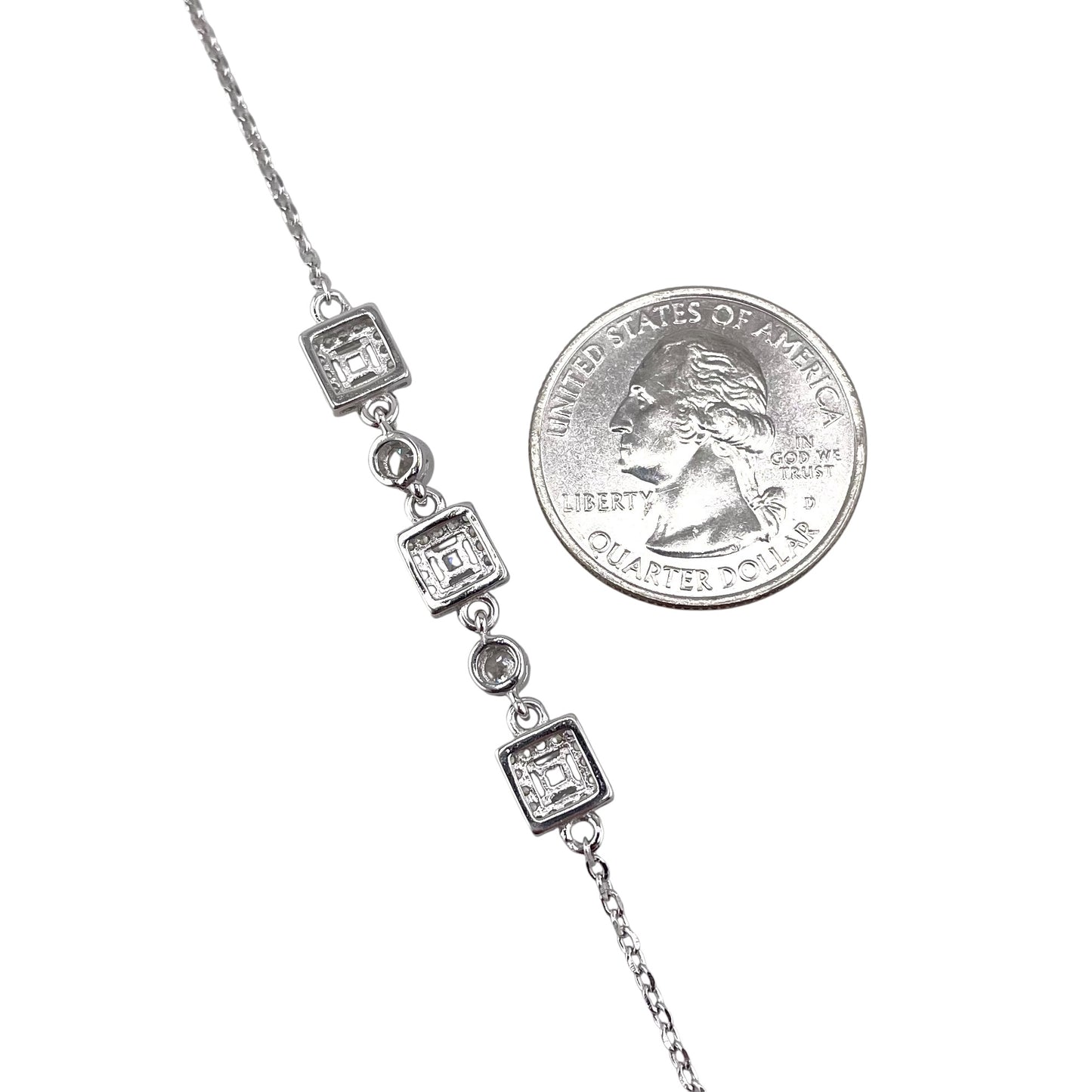 CZ Square Circle Stone Link Bracelet Sterling Silver