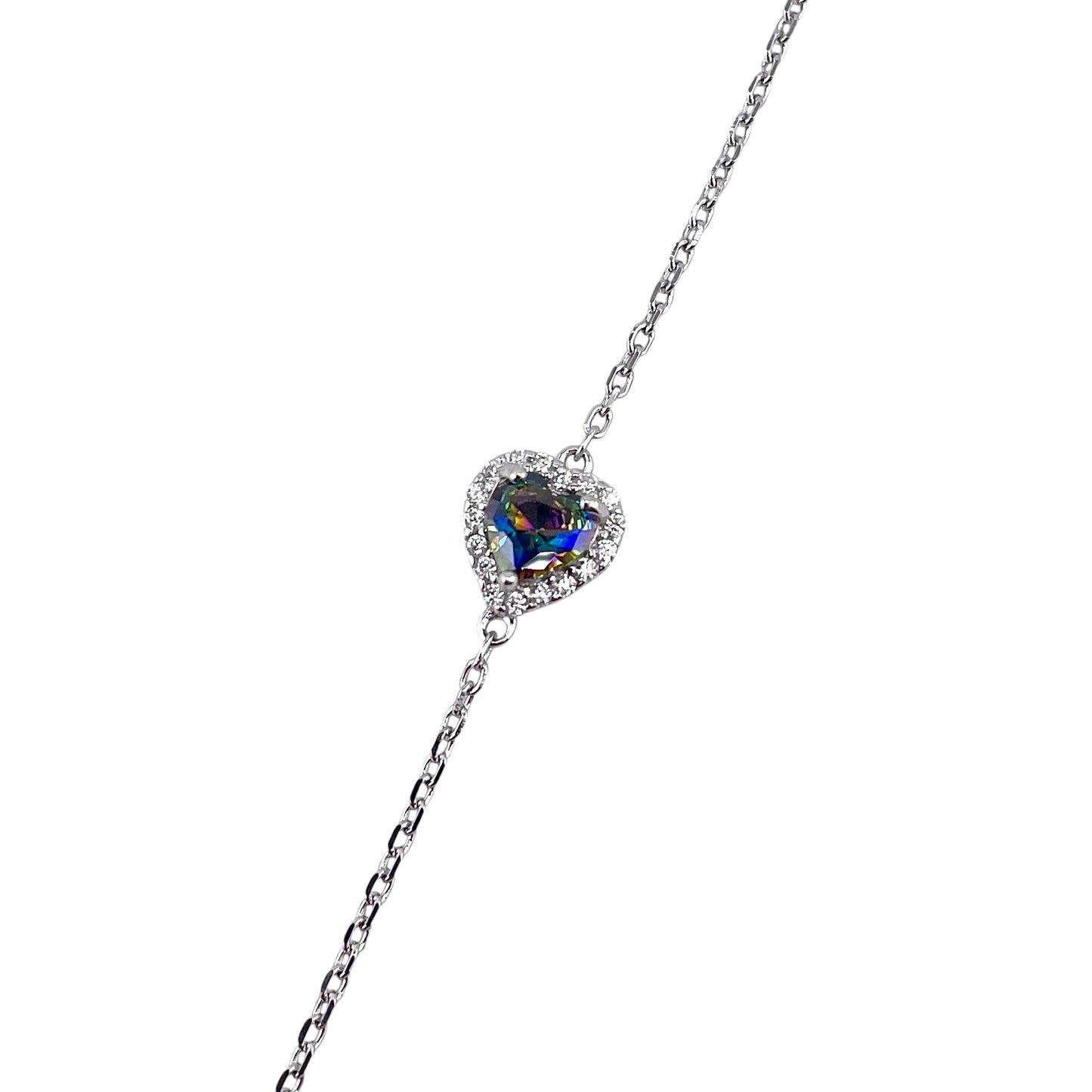 CZ Heart Stone Link Bracelet Sterling Silver