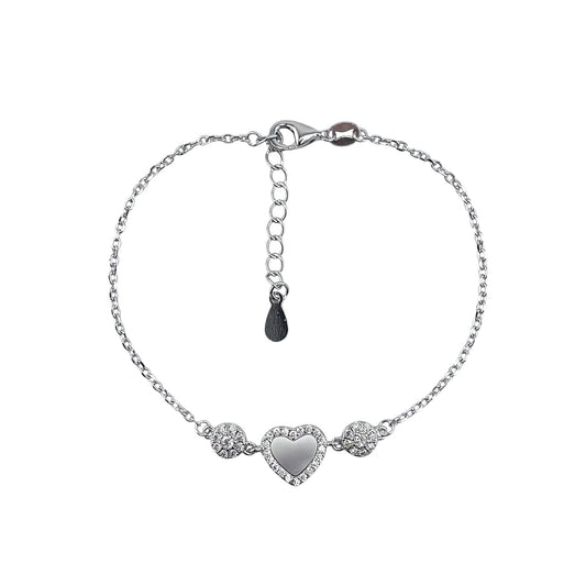 CZ Mother of Pearl Heart Round Link Bracelet Sterling Silver