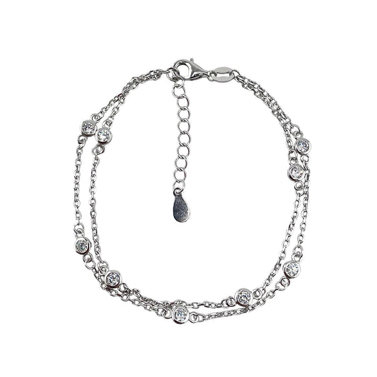 CZ Double Link Round Stone Bracelet Sterling Silver