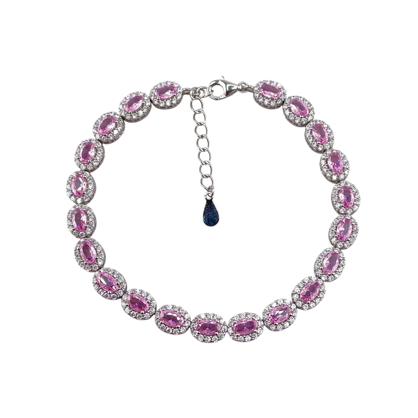 CZ Pink Oval Stone Link Bracelet Sterling Silver