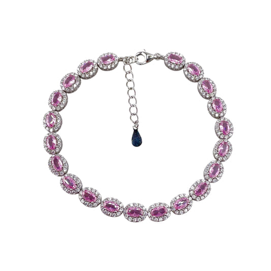 CZ Pink Oval Stone Link Bracelet Sterling Silver