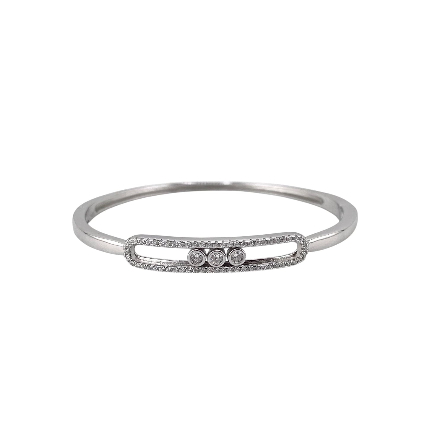 CZ Sliding Stone Hinged Bangle Bracelet Sterling Silver