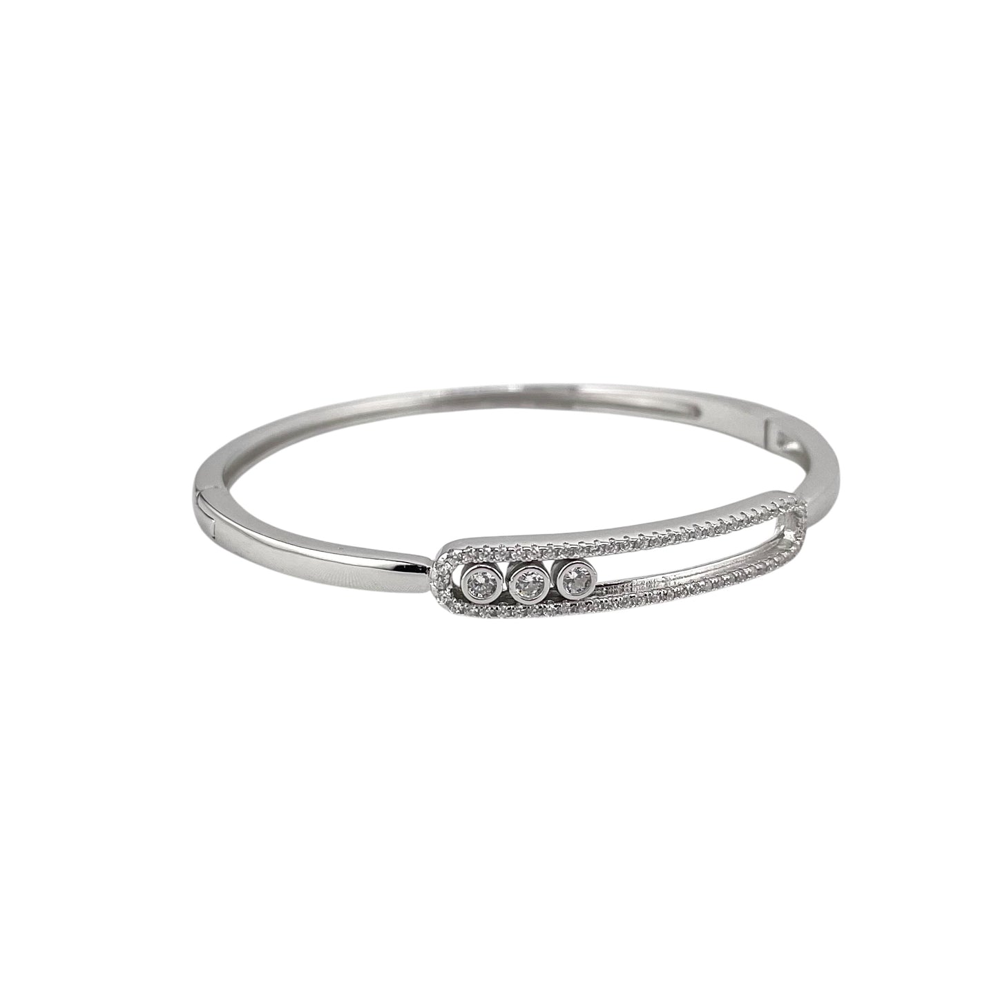 CZ Sliding Stone Hinged Bangle Bracelet Sterling Silver