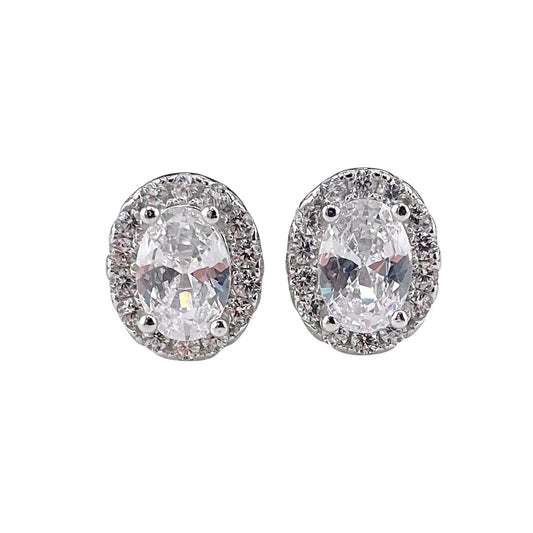 CZ Round Oval Stud Earrings Sterling Silver