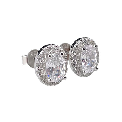 CZ Round Oval Stud Earrings Sterling Silver