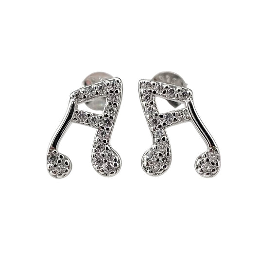 CZ Music Note Stud Earrings Sterling Silver