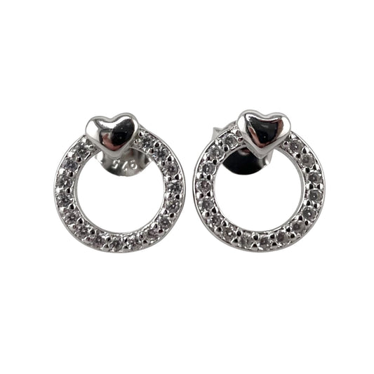 CZ Circle Heart Stud Earrings Sterling Silver