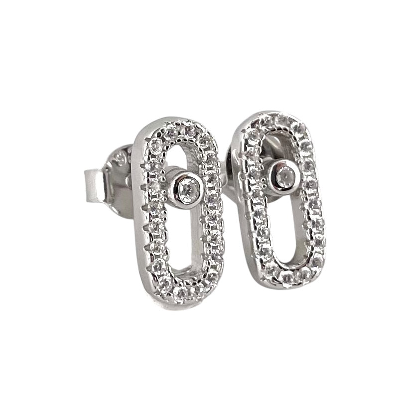CZ Round Oval Post Earrings Sterling Silver