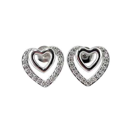 CZ Double Heart Post Earrings Sterling Silver