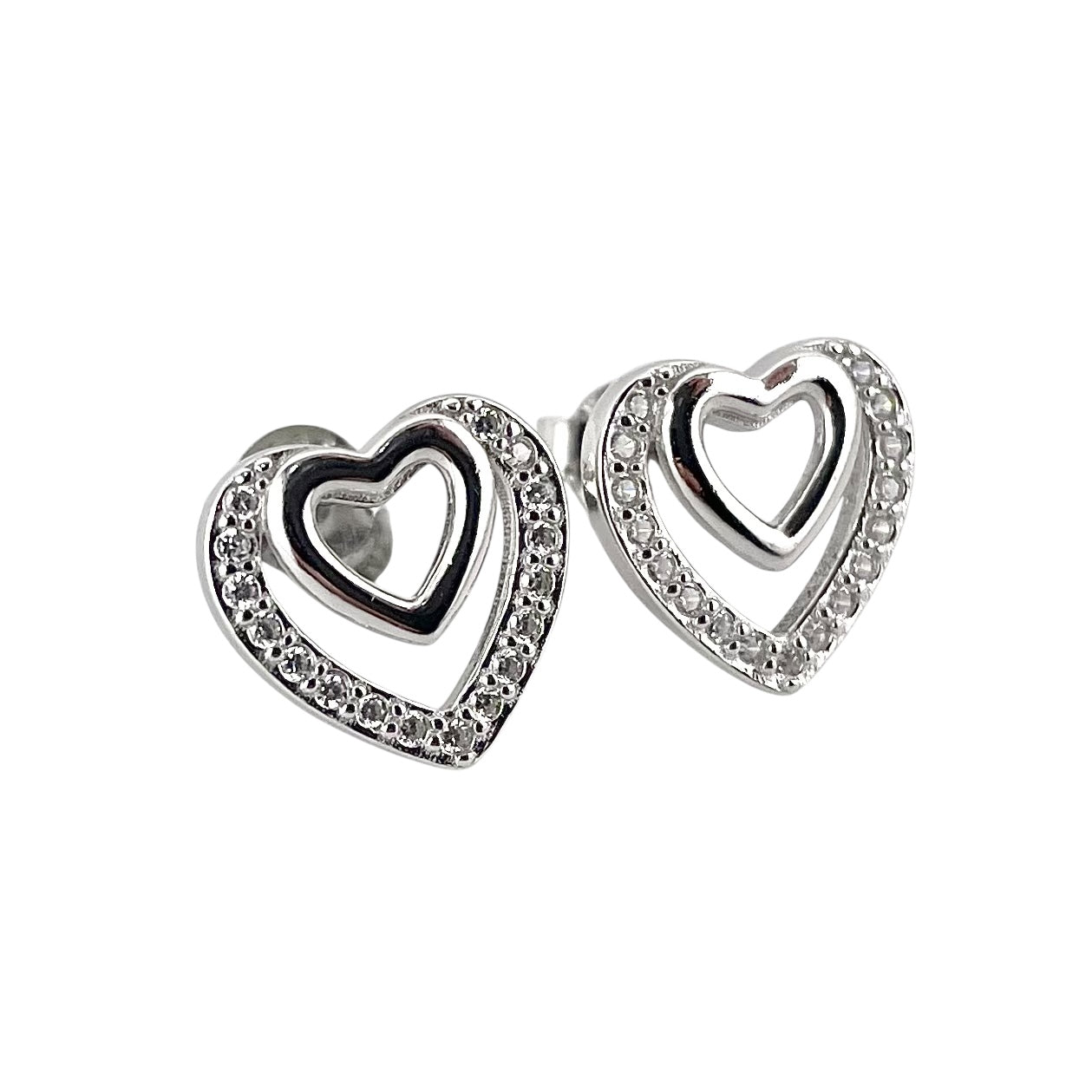 CZ Double Heart Post Earrings Sterling Silver
