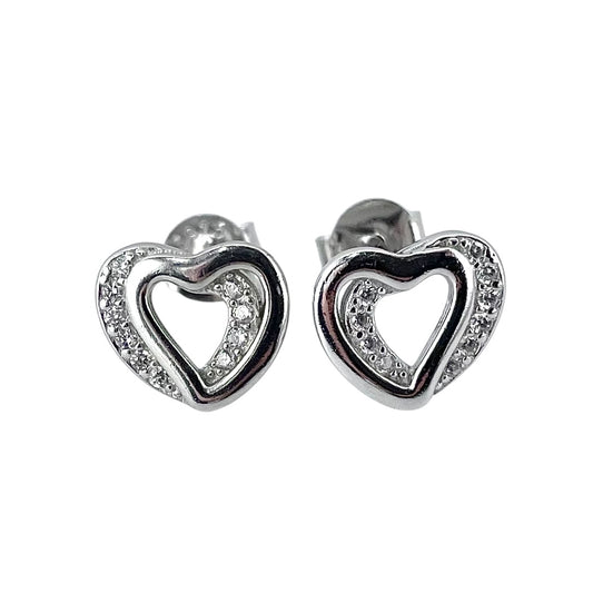 CZ Double Heart Post Earrings Sterling Silver
