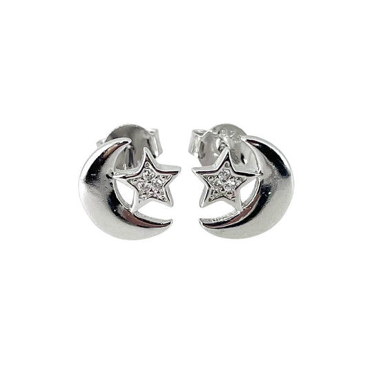 CZ Crescent Moon Star Post Earrings Sterling Silver