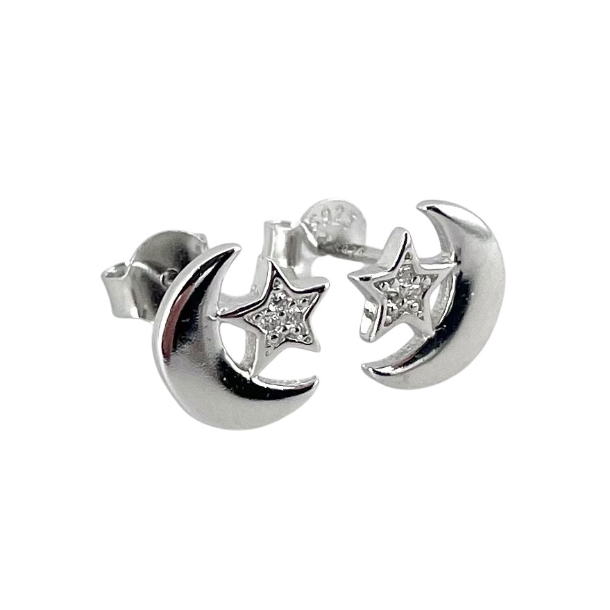 CZ Crescent Moon Star Post Earrings Sterling Silver