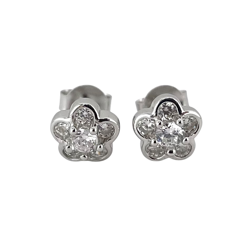 CZ Flower Post Earrings Sterling Silver