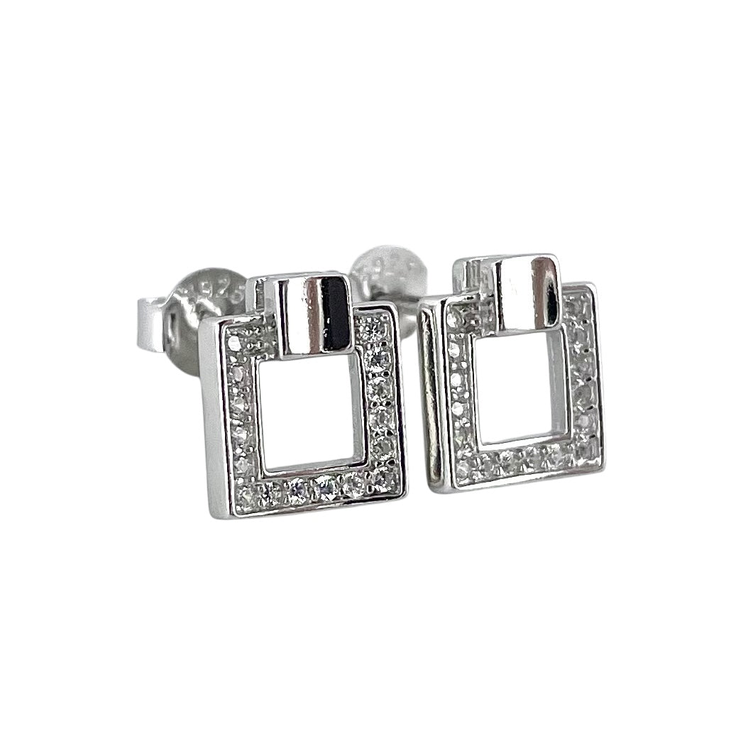 CZ Square Post Earrings Sterling Silver