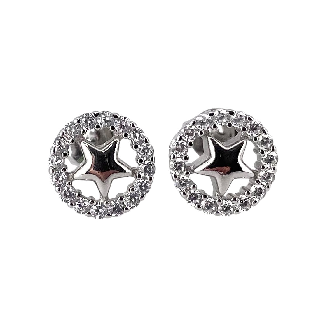 CZ Circle Star Post Earrings Sterling Silver