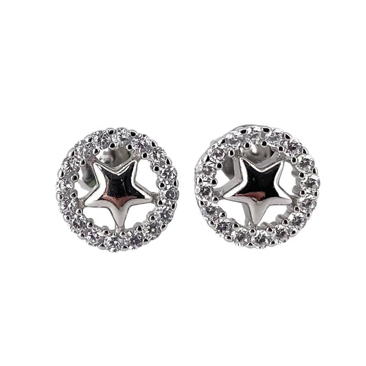 CZ Circle Star Post Earrings Sterling Silver