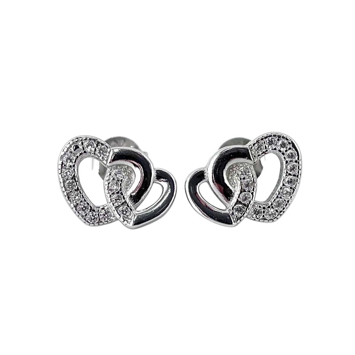 CZ Double Heart Post Earrings Sterling Silver
