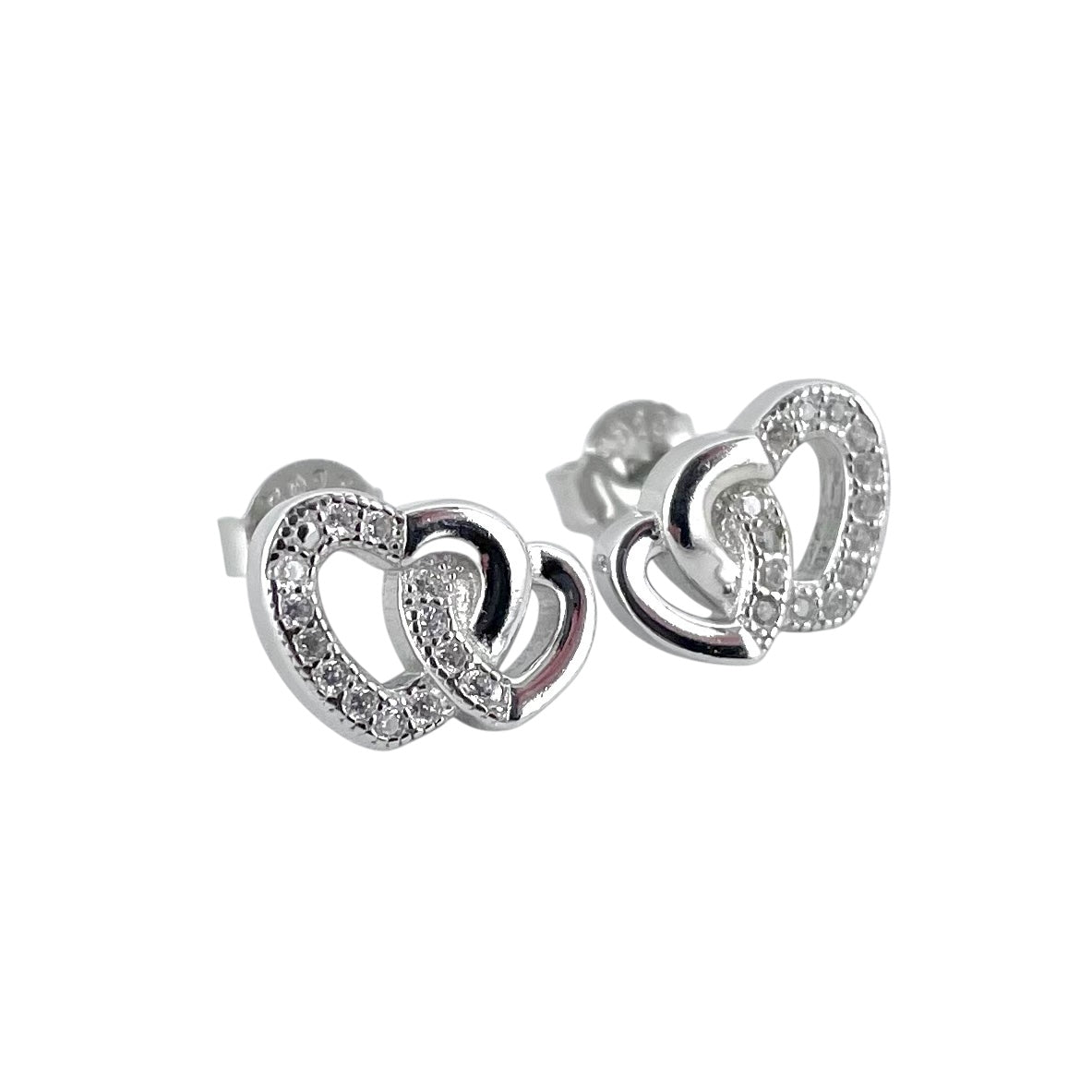CZ Double Heart Post Earrings Sterling Silver