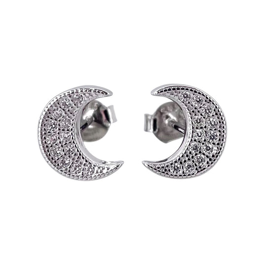 CZ Crescent Moon Post Earrings Sterling Silver