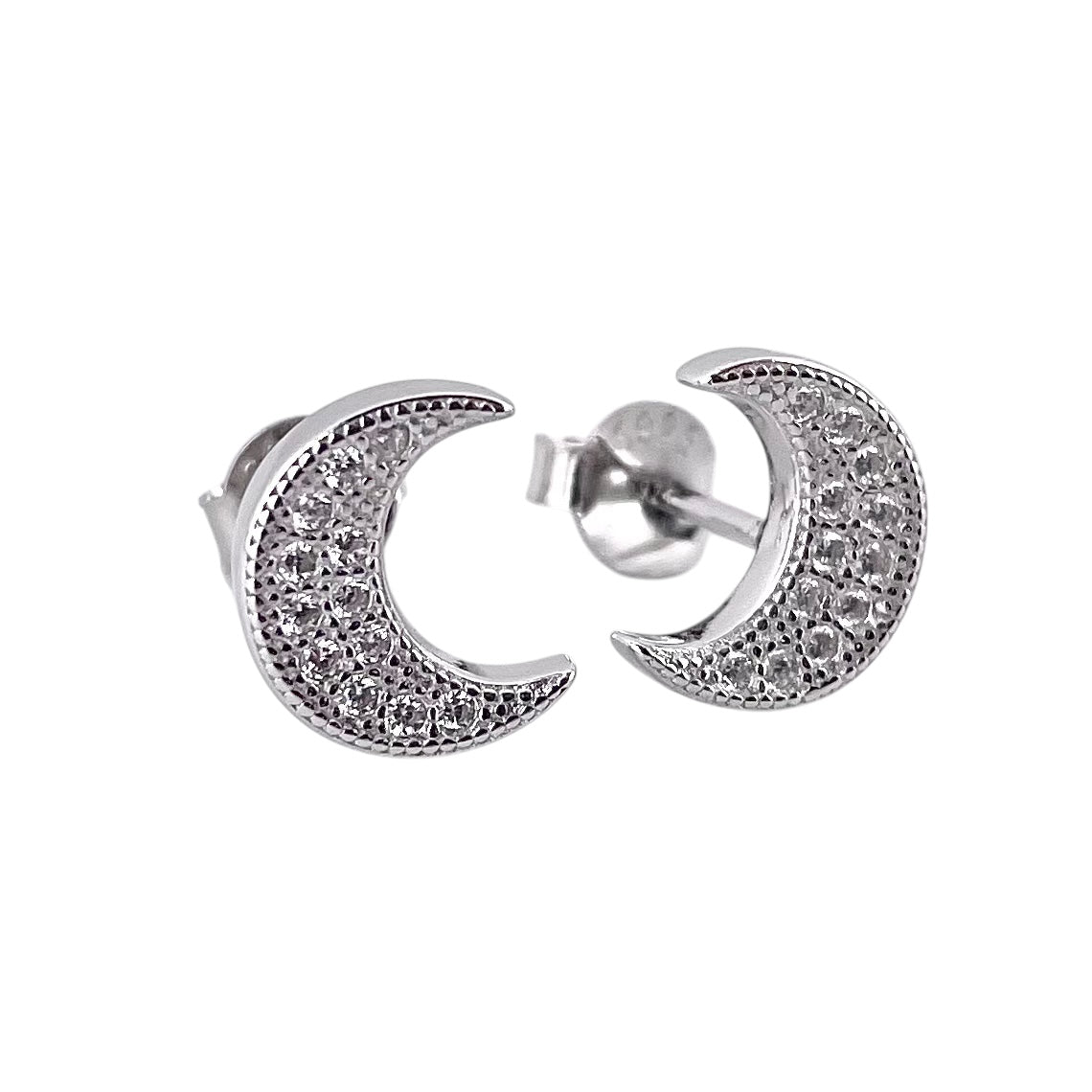 CZ Crescent Moon Post Earrings Sterling Silver