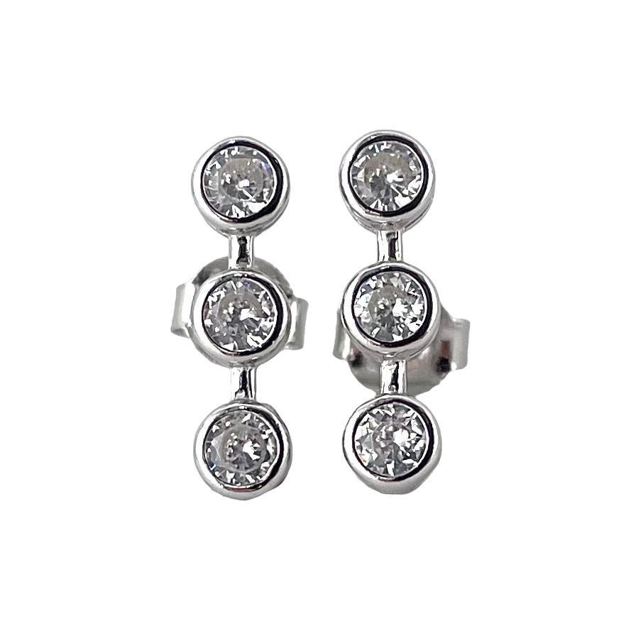 CZ 3 Stone Post Earrings Sterling Silver