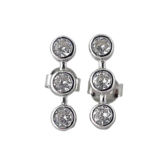 CZ 3 Stone Post Earrings Sterling Silver